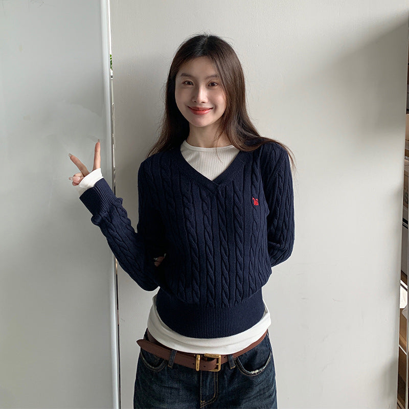 🆕復古V領麻花針織衫、顯瘦慵懶軟糯刺繡毛衣