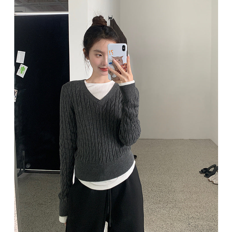 🆕復古V領麻花針織衫、顯瘦慵懶軟糯刺繡毛衣